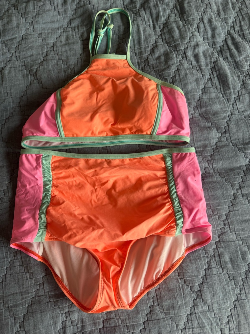 Gianni Bini Pink and Coral Swimwear Top with Mint Trim